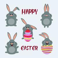 Happy Easter, cartoon style easter bunnies set with easter eggs. vector