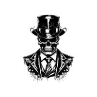 A stylish skull wearing a vintage steampunk hat, Hand drawn with intricate line art details, perfect for creative designs and merchandise vector