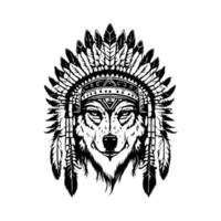 A collection of Hand drawn illustrations featuring a wolf wearing Indian chief head accessories. The designs are black and white and showcase the wolf with feathers, headdress, and tribal adornments vector