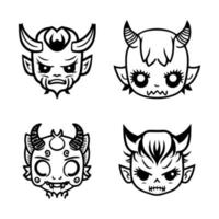 Delightful Hand drawn kawaii oni mask collection set, showcasing cute and charming line art illustrations of traditional Japanese folklore vector