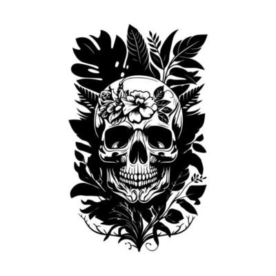 A skull head adorned with intricate flowers and leaves, depicted in a detailed black and white line art hand drawn illustration