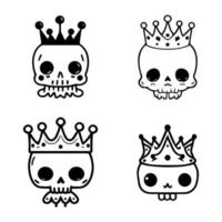 Adorable and whimsical Hand drawn collection set of cute kawaii skull heads with crowns, showcasing a playful fusion of dark and cute elements vector