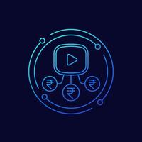 Video monetization line icon with rupee vector