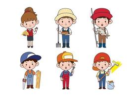 Kids professions. Cartoon cute children dressed in different occupation uniform. Vector characterspainterp with jobs different occupation.
