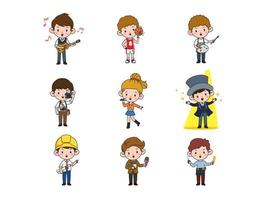Kids professions. Cartoon cute children dressed in different occupation uniform. Vector characters with jobs different occupation.