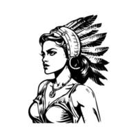 beautiful girl wearing indian chief head hand drawn illustration vector