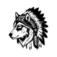 wolf wearing indian chief head accessories drawn illustration vector