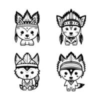 cute kawaii wolf logo wearing indian chief accessories collection set hand drawn illustration vector