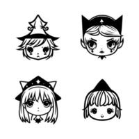 cute kawaii spooky witch head collection set hand drawn line art illustration vector