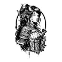 upper body japanese samurai girl line art hand drawn illustration vector