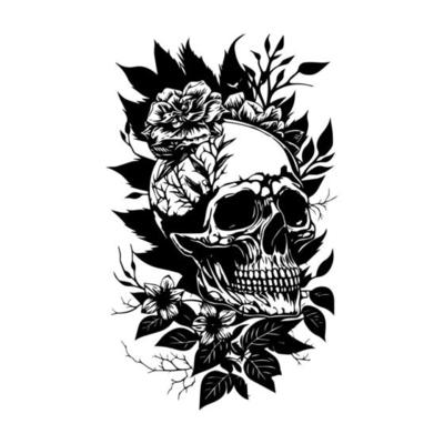 skull head with flower and leaf line art hand drawn illustration
