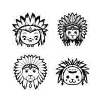 cute kawaii lion head wearing indian chief accessories collection set hand drawn illustration vector