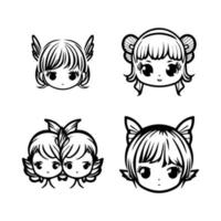 cute anime fairies princess angel head kawaii collection set hand drawn illustration vector
