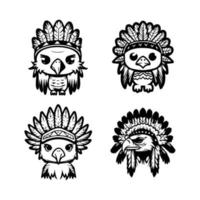 cute kawaii eagle head logo wearing indian chief accessories collection set hand drawn illustration vector