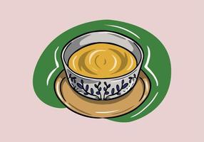 Vector, sketch, cartoon, hand drawn cup of whipped green mathca coffee on a plate. Illustrated design on cup. vector