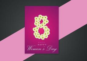 Happy womens day greeting card, 8 march. Stylish handwritten text sign on spring flowers in 8 shape on pink paper flat lay. International womens day vector