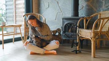 mulher relaxamento sentado de lareira acariciando uma malhado fofo doméstico gato. video