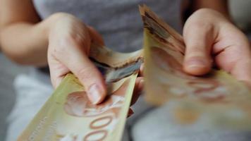 fêmea mãos contando canadense dólar contas, fechar-se. video