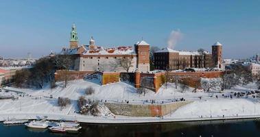 Aerial view of Wawel Royal Castle covered with snow, Krakow