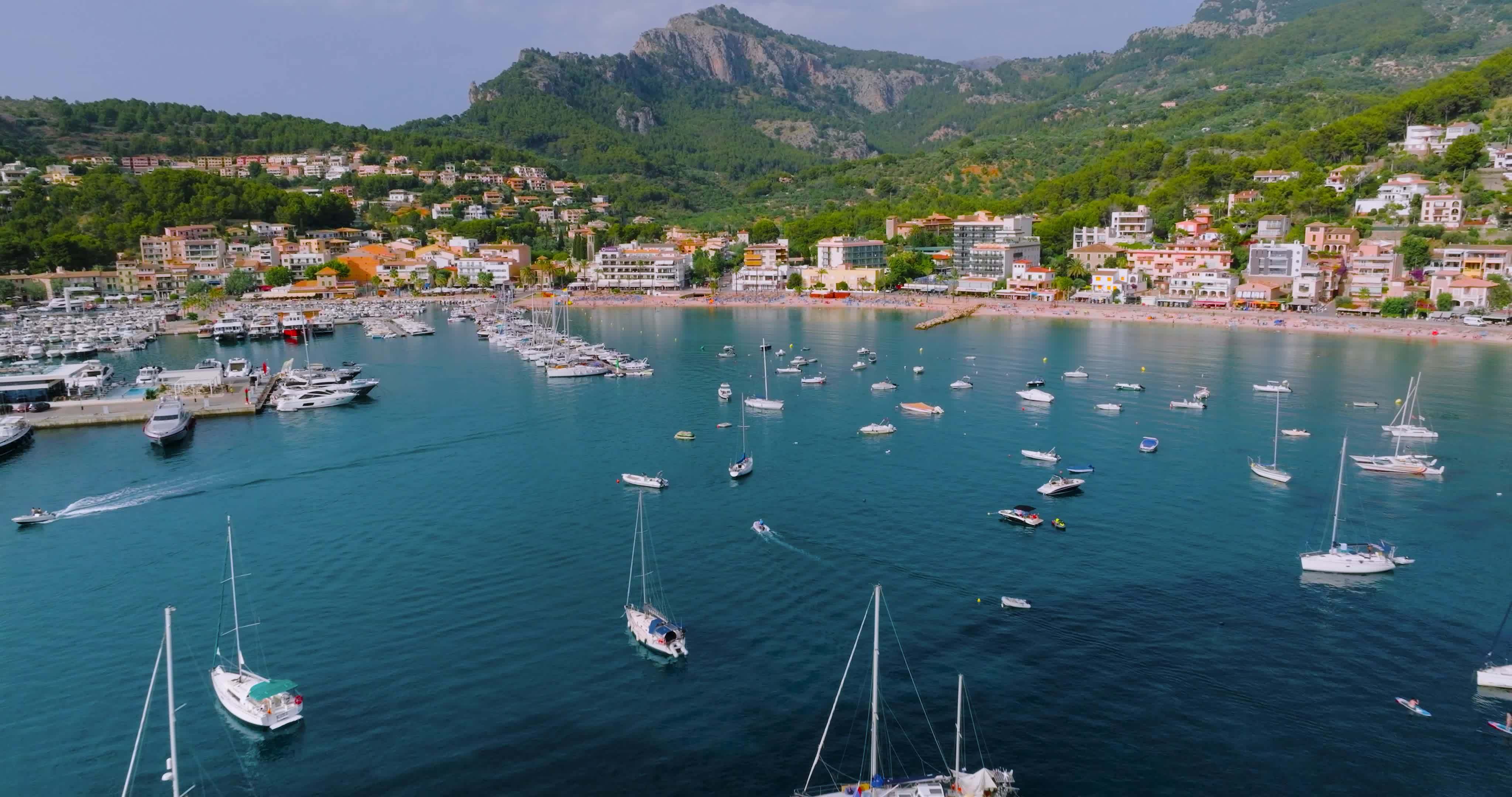 Majorca, Spain. Aerial view of summer resort town Port de Soller on  Mallorca 21569207 Stock Video at Vecteezy