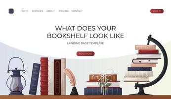 Landing page with reading bookshelve with stack of books with cup of tea, open book, wooden letter tiles. Bookstore, bookshop, library, book lover, bibliophile, education for banner, website vector