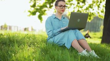 ocupado atractivo mujer trabajando a el ordenador portátil como sentado en césped en ciudad parque video