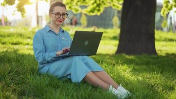 ocupado atractivo mujer trabajando a el ordenador portátil como sentado en césped en ciudad parque video