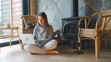 donna utilizzando il computer portatile mentre seduta vicino il camino nel accogliente interno. video