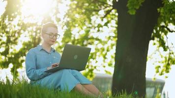 ocupado atractivo mujer trabajando en el ordenador portátil como sentado en césped en ciudad parque
