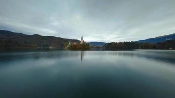 Aerial view of lake Bled and the island in the middle of it, Slovenia video