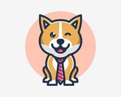 Cute Shiba Inu Dog Puppy Canine Wear Necktie Suit Playful Funny Cartoon Mascot Vector Illustration