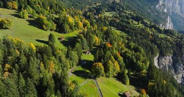 Aerial view of the beautiful Swiss nature in Lauterbrunnen valley in Switzerland video