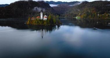 Aerial view of lake Bled and the island in the middle of it, Slovenia video