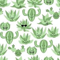 Funny cacti and succulents smiling. Seamless exotic pattern vector