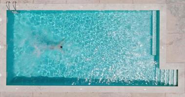 Aerial view as a man dives into the pool and swims. Slow motion video