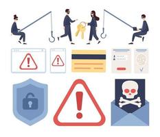 Cyber attacks icon set. Personal data security concept. Computer security technology. Hackers and cybercriminals. Vector flat illustration