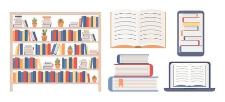 Online library icon set. Reading books. Library, education concept. Vector flat illustration
