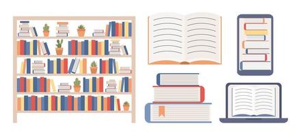 Online library icon set. Reading books. Library, education concept. Vector flat illustration