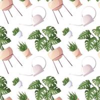 Pattern with succulent, watering can, monstera houseplant in pot. Indoor potted house plant in flowerpot. Home garden, greenhouse, gardening lover. Domestic store wallpaper, scrapbooking, textile vector