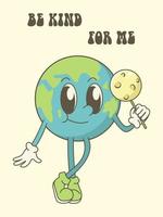 Save the planet in trendy retro cartoon style. World Environment Day card. Save planet concept. vector