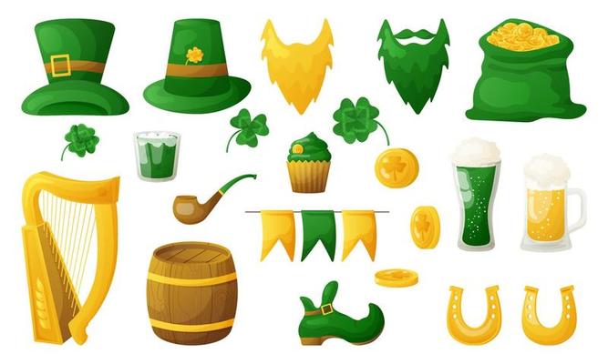Set of elements for St. Patrick's Day. Good luck symbols. Green hats, boot, horseshoes, clover.