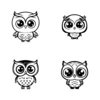 A collection of cute and charming Hand drawn illustrations of kawaii owls, perfect for adding a touch of whimsy to any project or design vector