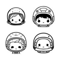 un linda y kawaii colección conjunto de mano dibujado astronauta logotipos, presentando adorable caracteres en trajes espaciales y cósmico accesorios vector