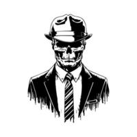 Edgy and stylish Hand drawn line art illustration of a chicano skull biker wearing a hat and suit, showcasing a unique fusion of tough and sophisticated vector