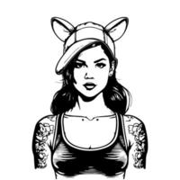 A stylish Chicano girl wearing bunny hat in black and white, rendered in intricate Hand drawn line art illustration vector