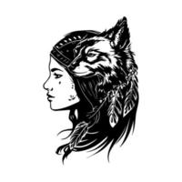 A stunning Hand drawn illustration of a beautiful girl wearing an Indian chief headpiece, with intricate details and shading vector