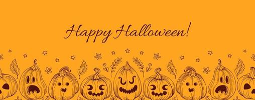 Vintage Halloween seamless border of Jack o lantern. Pumpkins in hand drawn style with scary and funny faces on a orange background. For website, posters, fabric prints, design elements. vector