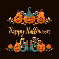 Happy Halloween bright vector illustration. Pumpkin jack-o-lantern, witch hat, striped stockings, lollipop. For stickers, postcards, banners, flyer. Orange-green colors, a black contrasting background