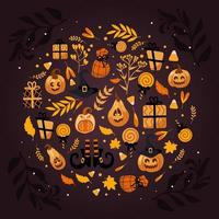 Happy Halloween. Circle with holiday symbols. Gourd pumpkin Jack o lantern, witch hat, striped stockings, lollipop, gifts, autumn leaves and dried flowers. For stickers, posters, cards, design vector