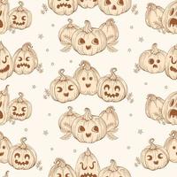 jack-o-lantern. Clásico Víspera de Todos los Santos modelo. calabazas en mano dibujado estilo con de miedo y gracioso caras en un beige antecedentes. hojas y estrellas. para fondo de pantalla, imprimir, embalaje, antecedentes. vector